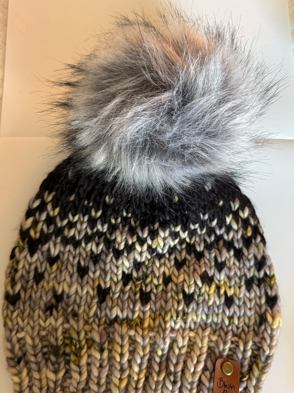 Hand knit Multitone Knit Beanie with Gray Faux-Fur Pom 100% merino wool